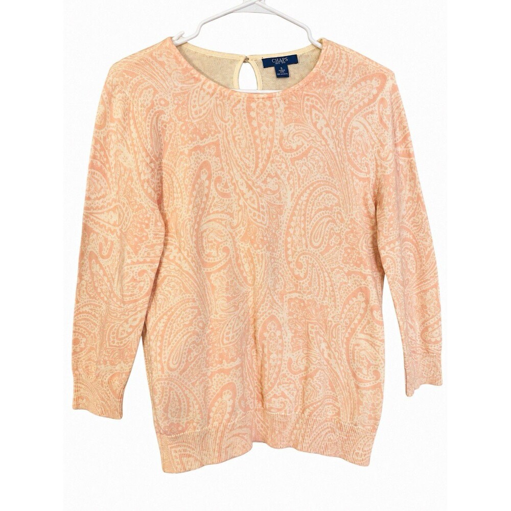 Chaps Women’s Knit Pullover Sweater Crew Neck Paisley Pink Ivory S